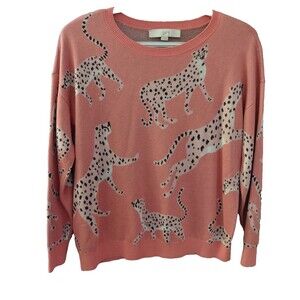 LOFT Women's Small Coral Pink Beige Leopard Intarsia Knit Sweater Long Sleeve